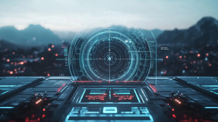 Poster - Military HUD target aim control and radar screen, futuristic dashboard. Sci Fi spaceship gun crosshair vector virtual display. Pilot viewfinder futuristic dashboard frame or game UI target aim screen
