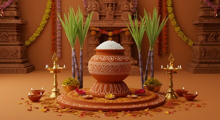 Decorated Pongal pot surrounded by sugarcane and festive decor, emphasizing South Indian tradition and the celebration of the harvest festival