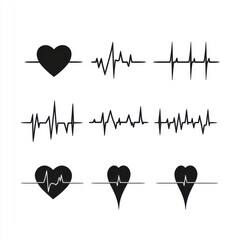 Poster - Collection of black heart and heartbeat line illustrations on a white background.