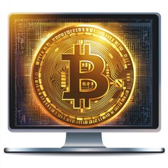 Poster - A digital representation of Bitcoin displayed on a sleek desktop monitor with a futuristic design.