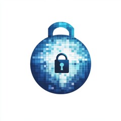Poster - Digital padlock icon on a pixelated blue background, symbolizing security and data protection.