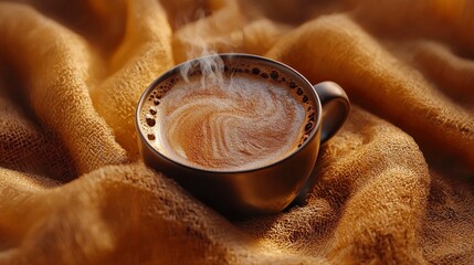 A steaming cup of coffee on a textured, warm-toned fabric.