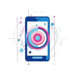 Poster - Abstract smartphone illustration with colorful concentric circles and dynamic lines in blue and pink.