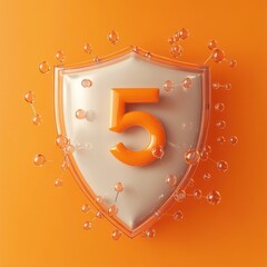 Poster - An orange shield featuring the number five, surrounded by bubbles against a vibrant orange background.