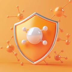 Poster - A stylized orange shield with molecular structures, symbolizing protection and science.