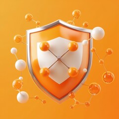 Poster - A modern orange shield symbolizing security, surrounded by molecular structures, conveying protection and trust.