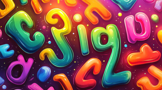 70s groove font, groovy type, hippie typeface, 60s retro funky alphabet on psychedelic color swirl vector background. Vintage groove english alphabet font of bold red letters and numbers with stars