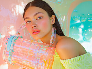 Wall Mural - Young woman in yellow top posing with large transparent jar under colorful lights. Fashion portrait with pastel tones and futuristic aesthetic.
