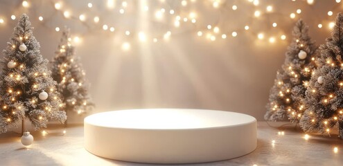 Wall Mural - Elegant white round pedestal adorned with festive Christmas decorations.
