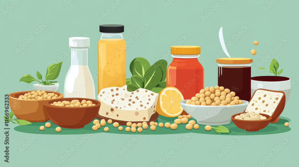 Soy bean food products infographics. Sauce, oil, milk sprouts and soya