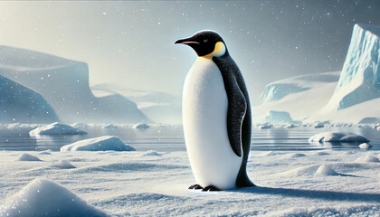 an emperor penguin standing on snow in a serene arctic landscape