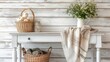© sujitea - Cozy farmhouse decor with table, baskets, and flowers in sunlight