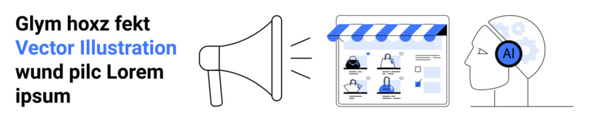 loudspeaker emitting sound towards a website interface with user profiles, connected to an ai head w