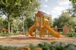 © JidapaDesign - vibrant eco friendly outdoor playground featuring wooden slide and climbing structure surrounded by lush greenery. Perfect for children to enjoy nature and play