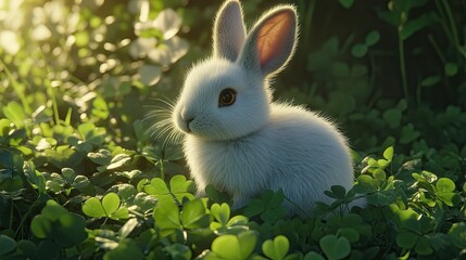 A close-up of a European rabbit sitting in a patch of clover, its soft fur illuminated by golden hour light.