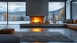 © CamBot - Cozy modern living room with fireplace and view.