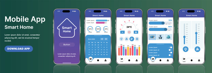 Poster - A sleek smart home application interface template featuring modern icons and a gradient design. Includes navigation menus for managing devices, monitoring security, controlling temperature