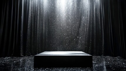 black stgae showcase with white light and silver glittering lights on black curtain background in da