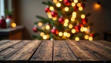 Wall Mural - Clean empty wooden table, bokeh Christmas lights, decor, christmas, photography