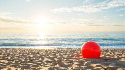 Wall Mural - red inflatable ball on the beach at sunset. beach ball at seaside on sunny day. sunny summer day by 