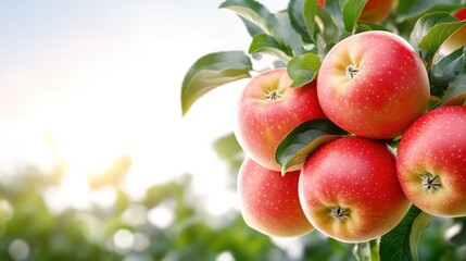 Wall Mural - Fresh red apples hanging on a tree branch in sunlight.