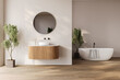 © leymandesign - Modern bathroom interior with dark brown parquet floor, two sinks, double mirrors, white bathtub, interior plants,