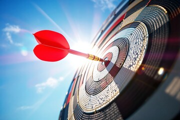 Close-up of a red dart hitting the bullseye of a dartboard, shown under bright sunlight with a clear blue sky background. Concept of precision and focus. Ai generative