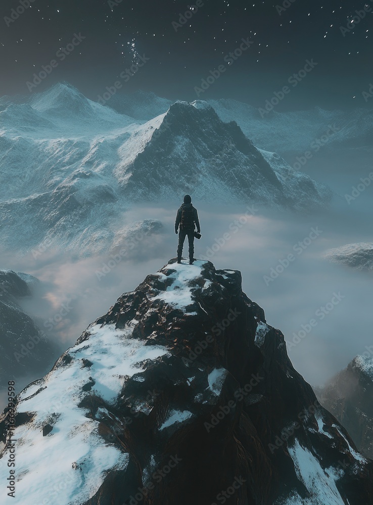 A lone figure standing atop an alpine peak, gazing at the starry sky ...
