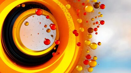 Poster - Colorful swirl of oil drops with a blue background. The swirl is made up of many different colors and sizes of drops