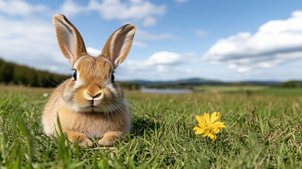 Wall Mural - Fluffy bunny resting in green field with yellow flower nearby