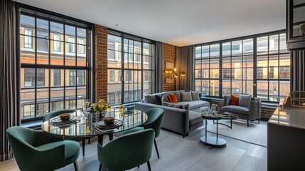 Poster - Modern open-plan apartment with large windows, grey sofa, green chairs, and dining table.