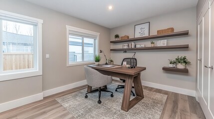 Poster - Modern home office with desk, chair, shelves, and natural light.