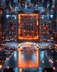 Poster - Stunning 3D render of an abstract technology background showcasing a futuristic server with a printed circuit board, exuding advanced technological innovation and complexity