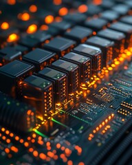 Poster - Stunning 3D render of an abstract technology background showcasing a futuristic server with a printed circuit board, exuding advanced technological innovation and complexity