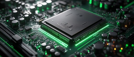 Poster - 3D render of a futuristic server with a printed circuit board, embedded in an abstract technology background, illustrating innovation, complexity, and advanced technology