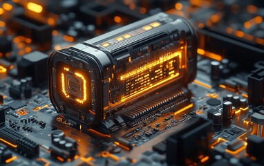 Poster - Futuristic 3D render showcasing a server with a detailed printed circuit board, surrounded by an abstract technology background, symbolizing advanced technological complexity