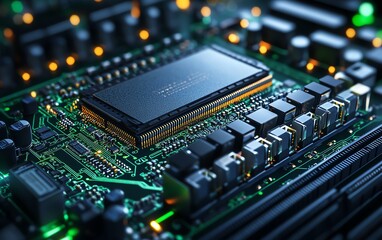 Poster - Futuristic 3D render showcasing a server with a detailed printed circuit board, surrounded by an abstract technology background, symbolizing advanced technological complexity