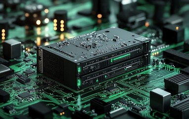 Poster - Futuristic 3D render showcasing a server with a detailed printed circuit board, surrounded by an abstract technology background, symbolizing advanced technological complexity