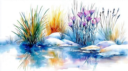 Poster - Serene Watercolor Landscape Featuring Tranquil Pool, Lush Green Plants, Delicate Wildflowers, and Soft Reflections of Nature's Beauty