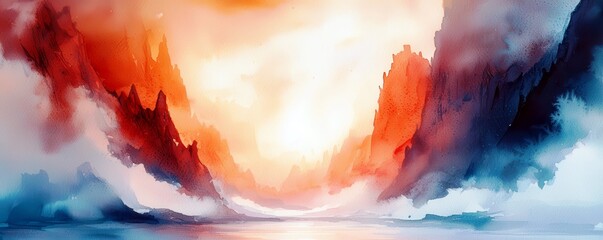 Poster - Vibrant Abstract Landscape with Rich Color Gradients and Dynamic Forms in Red, Orange, Blue, and White Hues Reflecting on Calm Water Surface