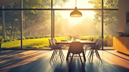 Wall Mural - Sunlit modern dining room with large window overlooking a garden.