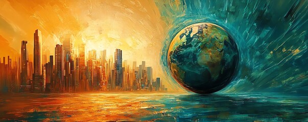 Poster - Dynamic globe surrounded by cuttingedge city infrastructure, representing global business, set against an abstract tech background, ideal for technologyfocused website banners