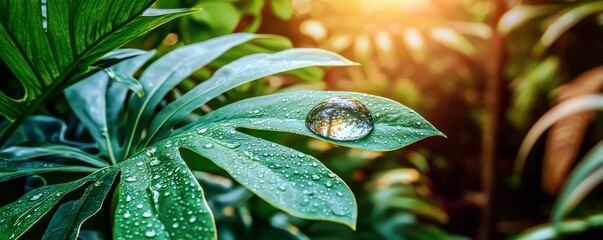 Poster - Dew Drop on Green Leaf in Lush Tropical Rainforest with Sunlight Filtering Through Dense Foliage Creating a Beautiful Natural Atmosphere