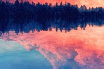 Wall Mural - A serene lake reflecting the colorful sky at sunset, surrounded by a dense pine forest and distant mountains. The water is calm, with reflections of clouds and trees creating an idyllic scene that cap