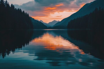 Wall Mural - A serene lake reflecting the colorful sky at sunset, surrounded by a dense pine forest and distant mountains. The water is calm, with reflections of clouds and trees creating an idyllic scene that cap