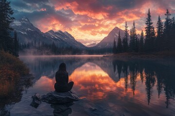 Wall Mural - A serene lake reflecting the colorful sky at sunset, surrounded by a dense pine forest and distant mountains. The water is calm, with reflections of clouds and trees creating an idyllic scene that cap