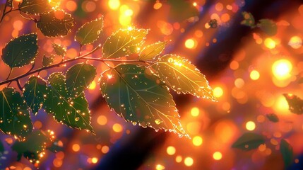 Poster - Glowing Leaves with Dew Drops Against a Vibrant Background of Shimmering Lights in Warm Tones for Nature and Abstract Imagery