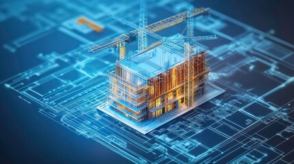 digital construction building information modeling bim concept with 3d model and blueprints vector i
