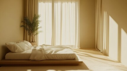 Wall Mural - Minimalist bedroom with sunlight streaming through sheer curtains onto a platform bed.