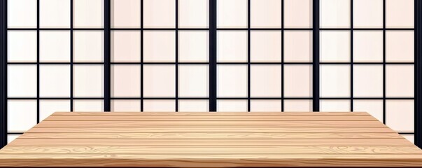 Poster - Wooden table on traditional background with shoji-style sliding doors and soft natural light illuminating the room's serene atmosphere, ideal for interior decor